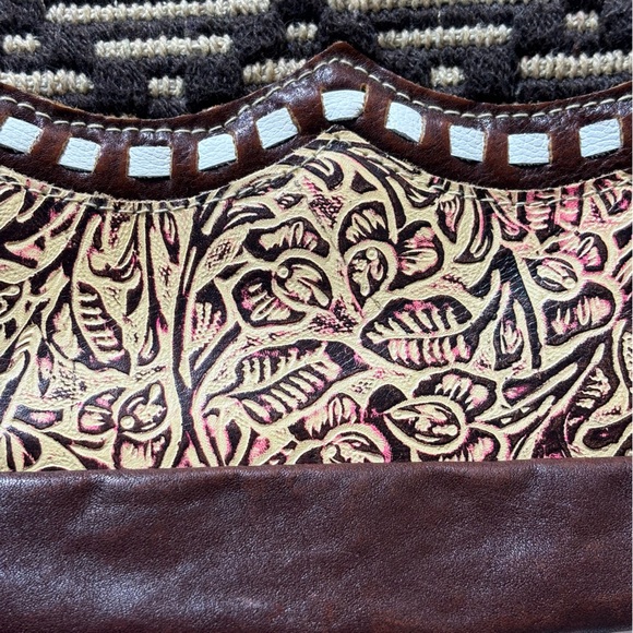 Myra Leather Shoulder Purse Tooled Leather Canvas Crossbody Pocketbook Brown - Picture 5 of 16